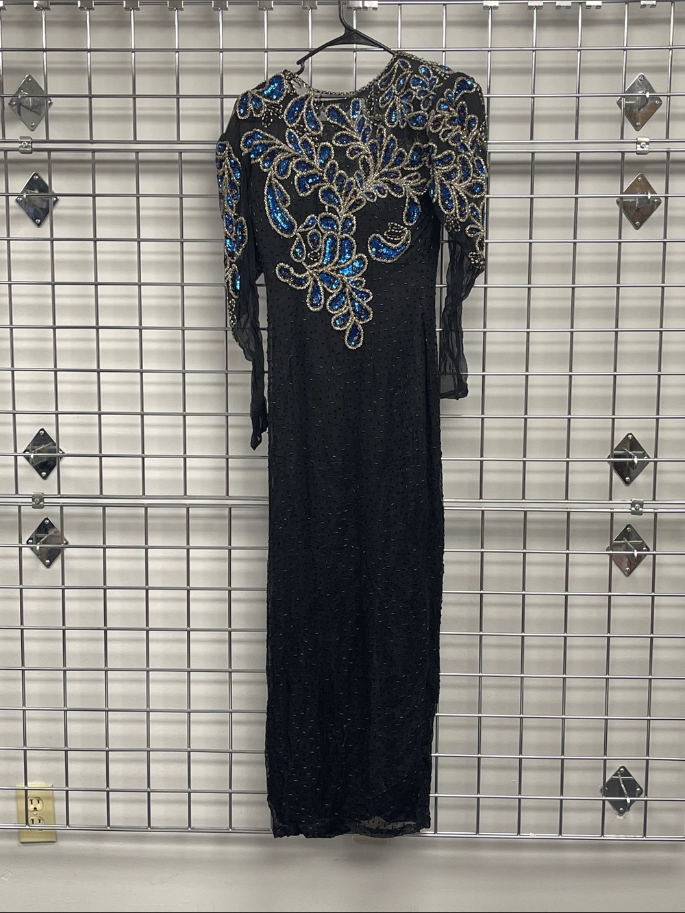 Lillie Rubin Black Long Sleeve Beaded Evening Gown with Black and Blue Accents